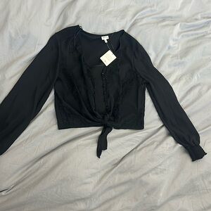 Chic Black Blouse: Brand New with Ruffles, Buttons, and Waist Tie - Size Medium
